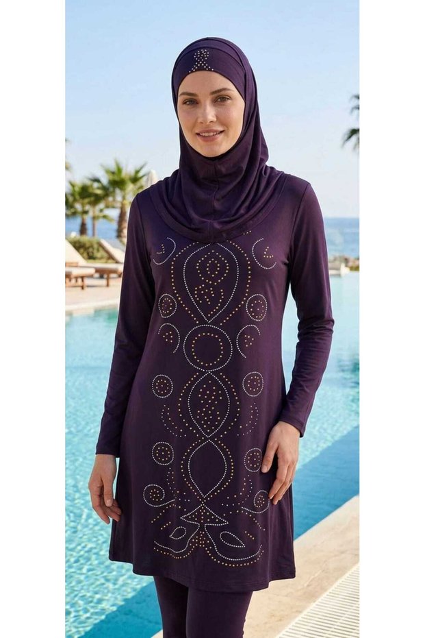 Long Sleeve Fully Covered Stoned Hijab Swimsuit Purple