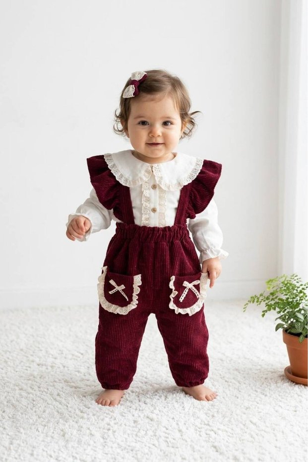 Baby Girl 100% Cotton Premium Velvet Burgundy Salopet Jumpsuit with Pocket Detail and Baby Collar Ruffled Shirt Two-Piece Set
