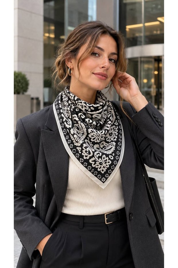 Black Ethnic Floral Patterned Cotton Women's Scarf 70X70 cm
