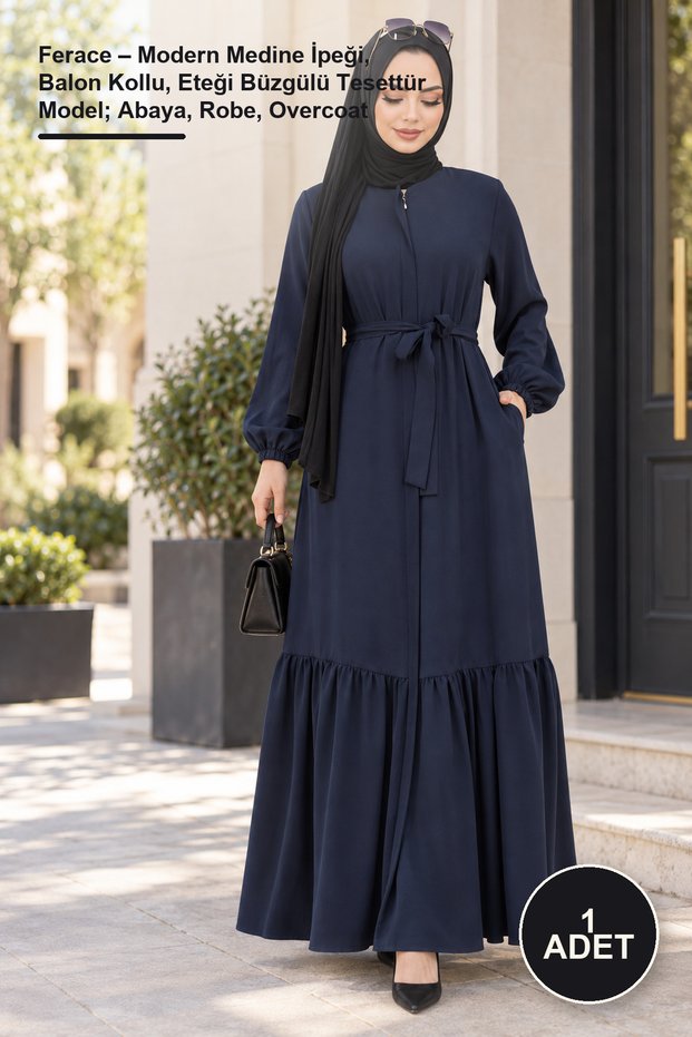1 Piece Ferace – Modern Medina Silk, Balloon Sleeves, Gathered Skirt, Hijab Model; Abaya, Robe, Overcoat