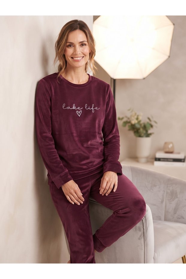Women's French Velvet Crew Neck Long Sleeve Printed Pajama Set
