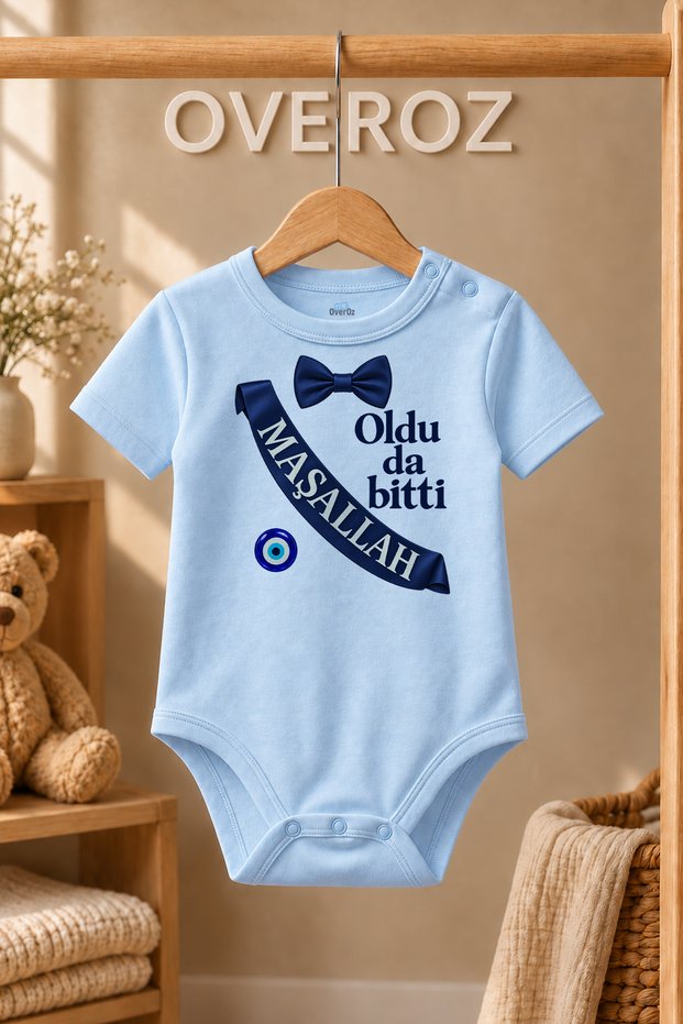 Oldu Da Bitti Maşallah Circumcision Baby Bodysuit Blue Short Sleeve Snap Fastener Body 6090