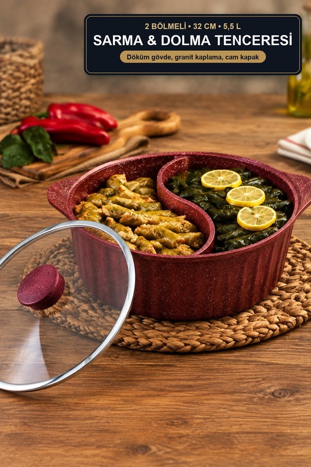 Two-Compartment Cooking and Serving Pot 32 cm 5.5 L Cast Granite with Glass Lid Claret Red
