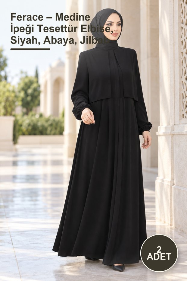 2 Pieces of Ferace – Medina Silk Hijab Dress, Black, Abaya, Jilbab