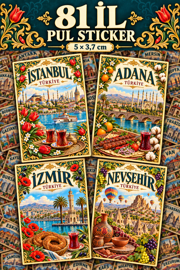 81 Provinces of Turkey Stamp Sticker Set 5 × 3.7 cm – Vintage City and Travel Theme