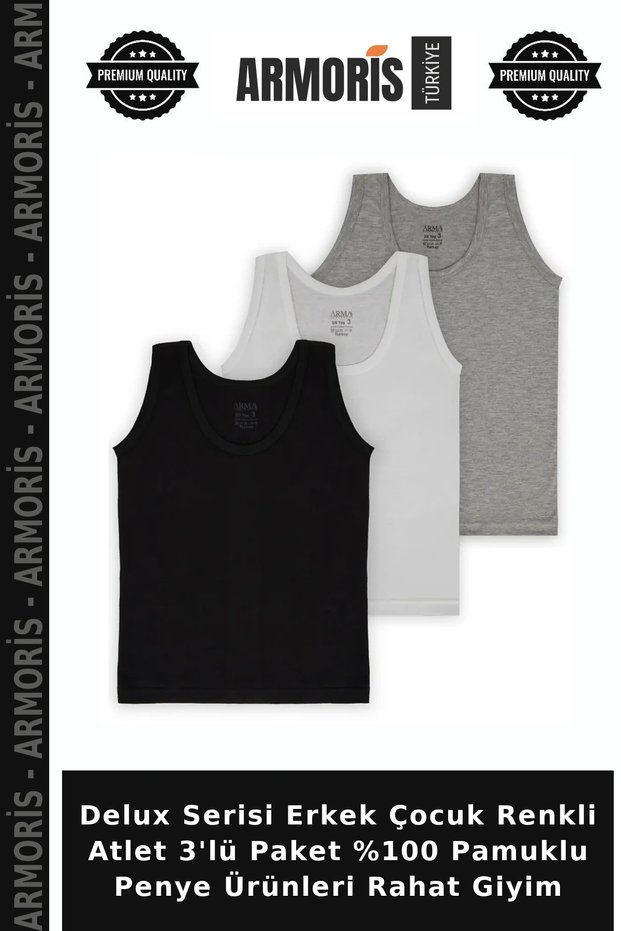 Delux Series Boys' Colorful Undershirts 3-Pack 100% Cotton Combed Cotton Products Comfortable Clothing