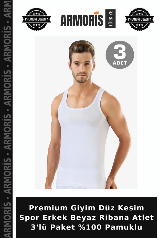 Premium Clothing Straight Cut Sports Men's White Ribbed Undershirt 3-Pack 100% Cotton