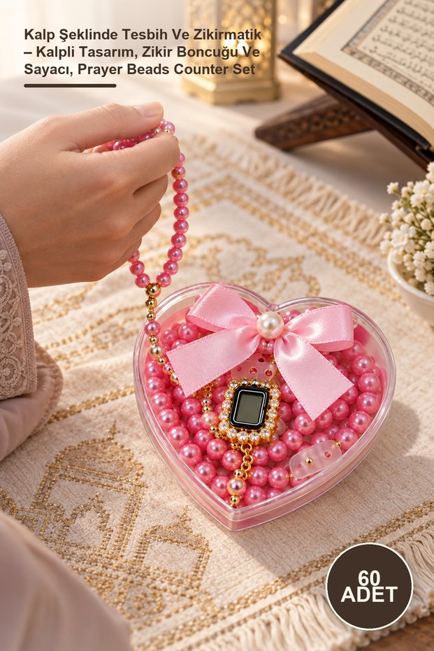 60 Pieces Shaped Prayer Beads and Zikirmatik – Heart Design, Zikir Beads and Counter, Prayer Beads Counter Set