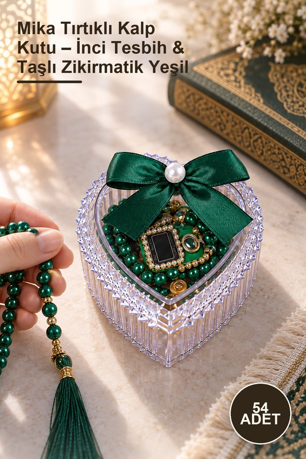 54 Pieces of Mica Serrated Box – Pearl Prayer Beads & Stone Zikirmatik Green