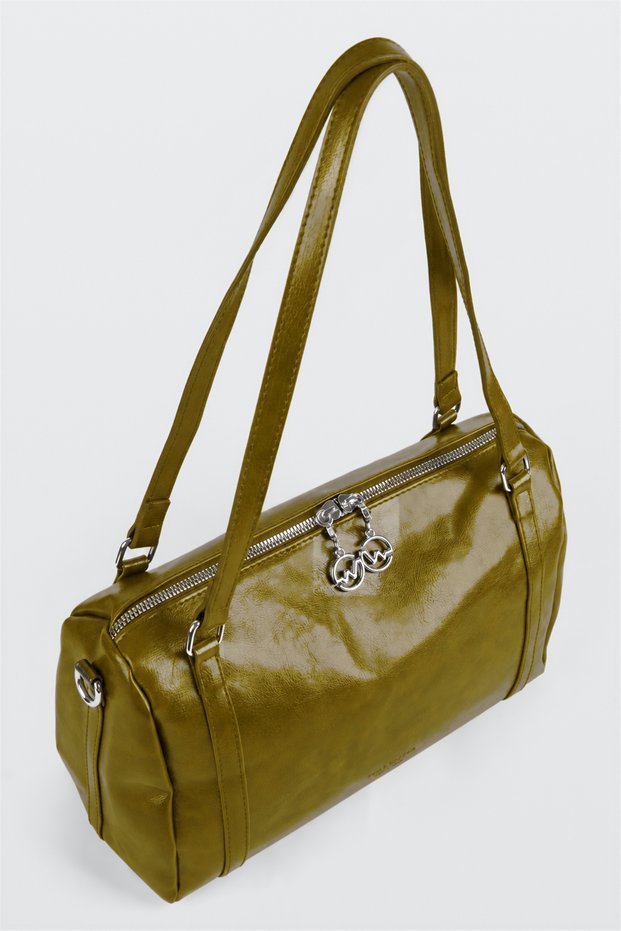 Women's Emerald Green Shiny Faux Leather Crossbody Zippered Lined Bowling Shoulder Bag
