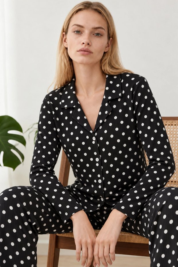Women's Shirt Collar Patterned Black Pajama Set 4812