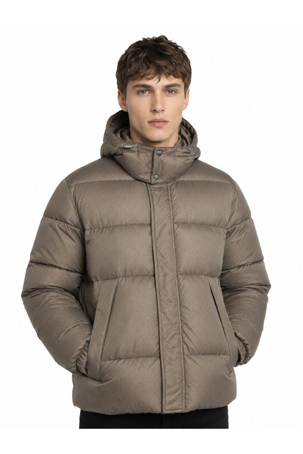 Men's Beige Hooded Regular Fit Coat