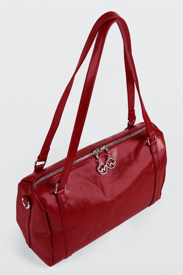 Women's Emerald Red Shiny Faux Leather Crossbody Zippered Lined Bowling Shoulder Bag