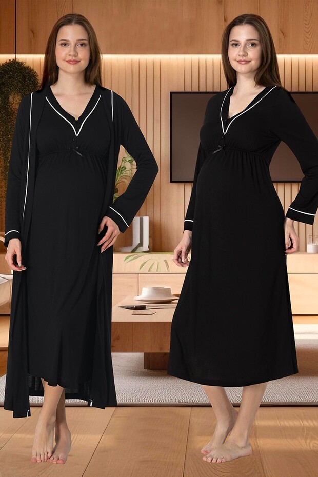Women's Black Piping Detailed Buttoned Design Long Sleeve Cotton Maternity Maternity Dressing Gown Nightgown Set of 2