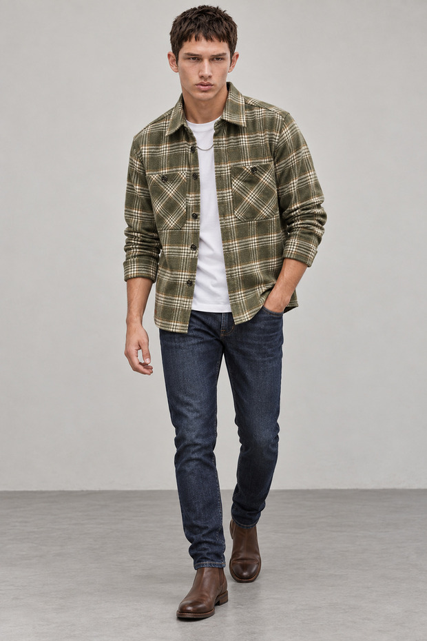 Khaki Double Pocket Regular Fit Plaid Men's Shirt | Ee1001211791