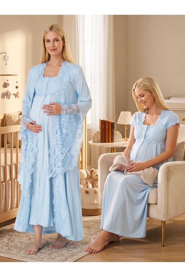 New Season Blue Summer Premium Lace Detailed Design Buttoned Princess Sleeves 100% Cotton Maternity Dressing Gown Nightgown Set