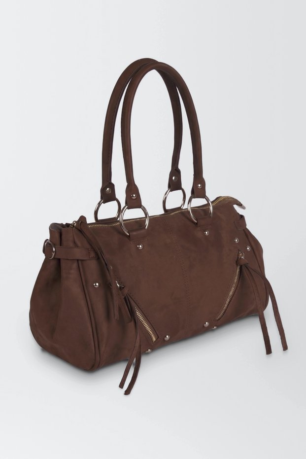 Women's Savana Brown Suede Studded Tassel Zipper Detailed Cross Strap Lined Shoulder Bag