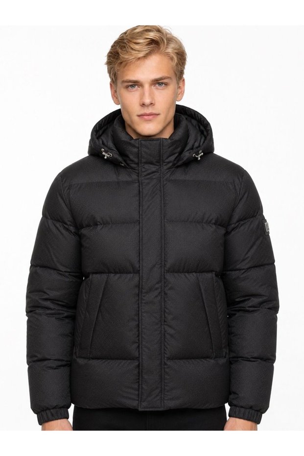 Men's Black Hooded Regular Fit Coat