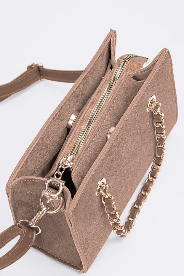 Women's Spruce Dark Mink Suede Chain Handle 3-Compartment Crossbody Lined Box Hand and Shoulder Bag