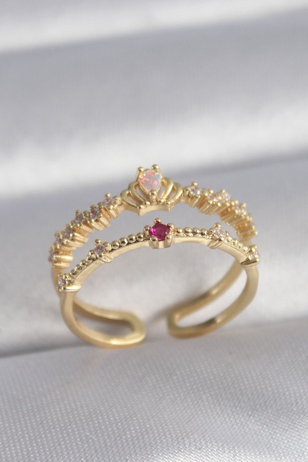 Brass Gold Color Zircon Stone Crown Model Women's Ring