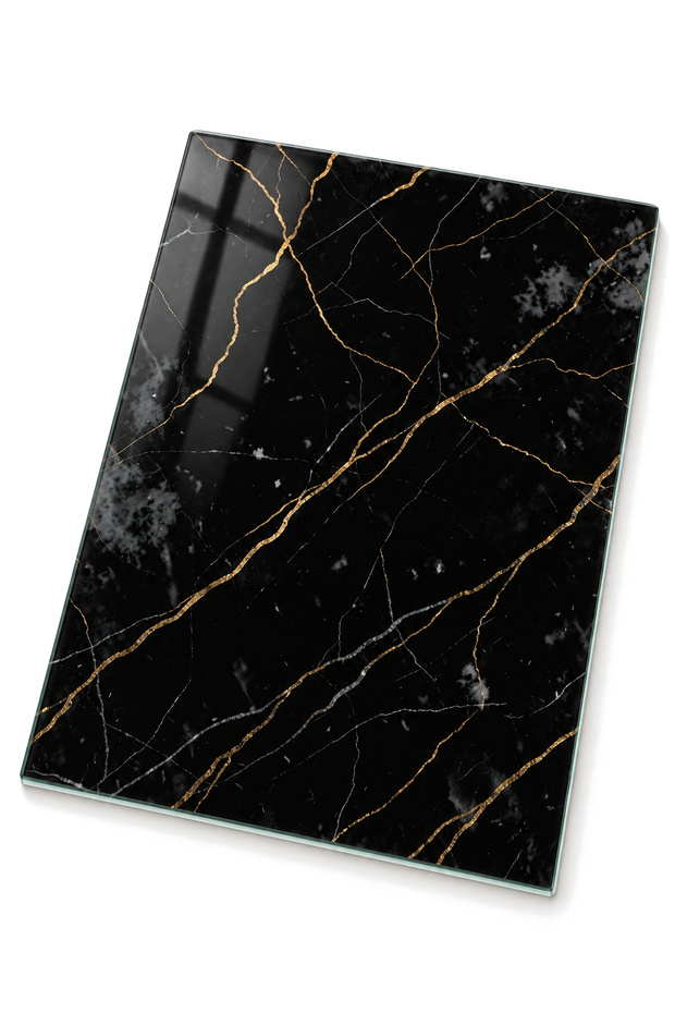 Black Gold Veined Marble Patterned Tempered Glass Cutting Board 25X35 cm