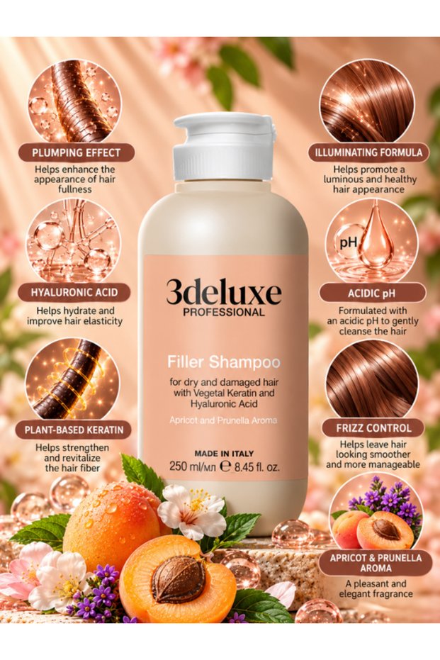 Filler Shampoo with Plant-Based Keratin and Hyaluronic Acid, Plumping & Shine Enhancing Formula for Frizz-Free Hair 250 ml