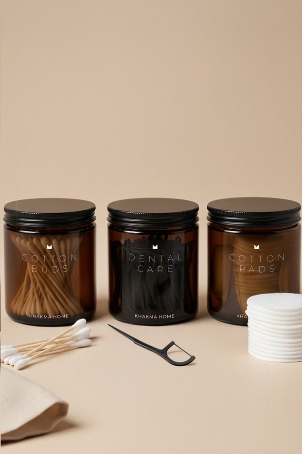 Amber Glass Bathroom Organizer Set – COTTON BUDS & COTTON PADS & DENTAL CARE Inscribed – 3-Piece