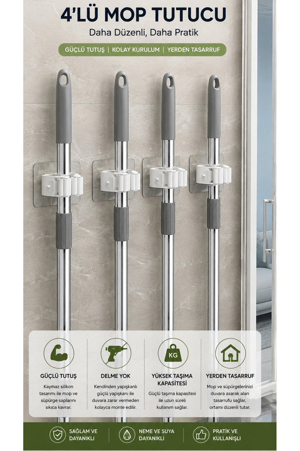 4 Practical Brushes - Mob, Vacuum and Mop Holder Set Colorful Hanger for Kitchen and Bathroom