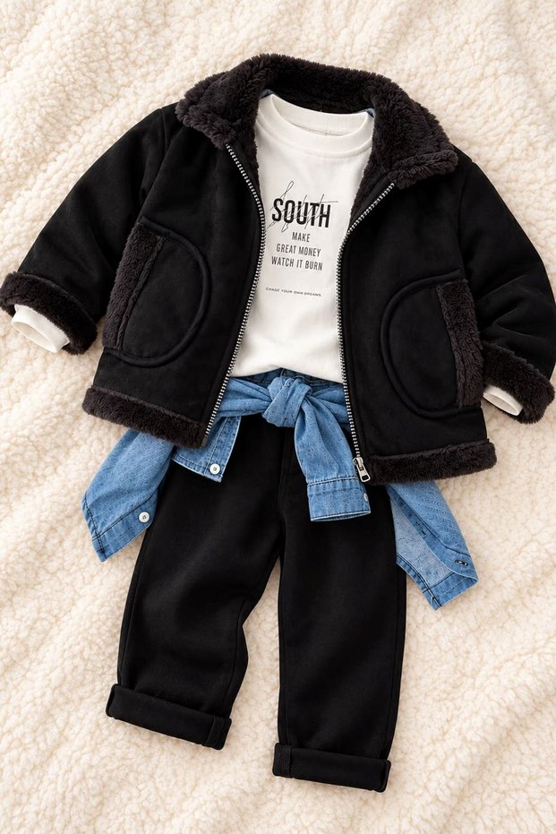 Suede Boys' 4-Piece Coat Set with Fur Inside - Black