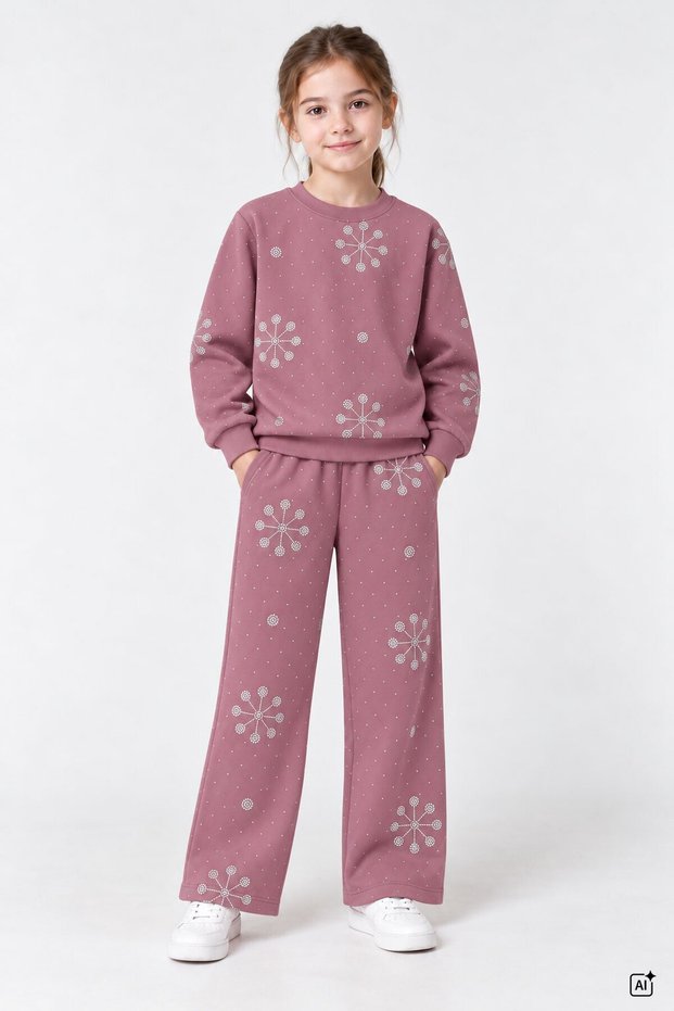 Gül Kurusu Girls' Sequin Patterned Crew Neck Wide Leg Tracksuit Set 25035