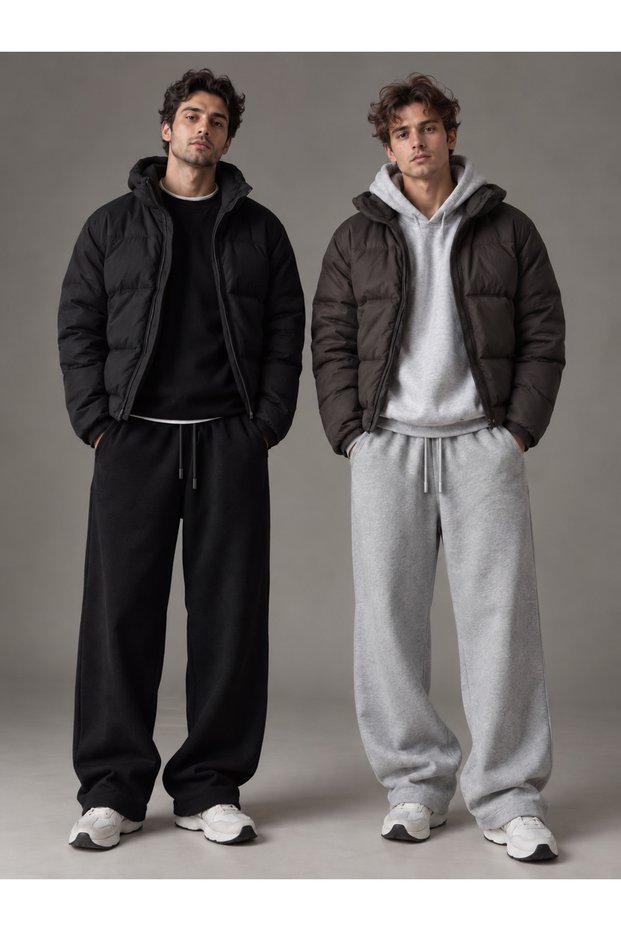 Men's Winter Hooded 2-Piece Sweatpants (Black-Grey) Oversize Comfortable Fit Wide Leg Washable Anti-Pilling