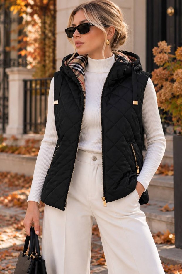 New Season Women's Quilted Embroidered Plaid Lined Fiber Hooded Vest
