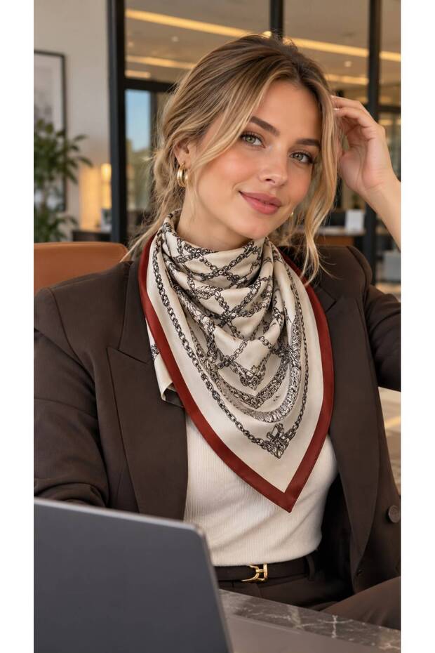 Ecru Chain Patterned Cotton Women's Scarf 70X70 cm