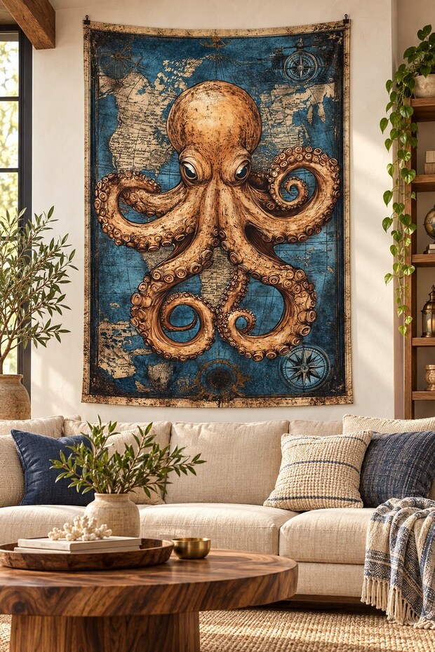 Octopus and Nautical Map Compass Vintage Digital Printed Stain Resistant Washable Fabric Wall Covering Wall Tapestry Decorative Tapestry