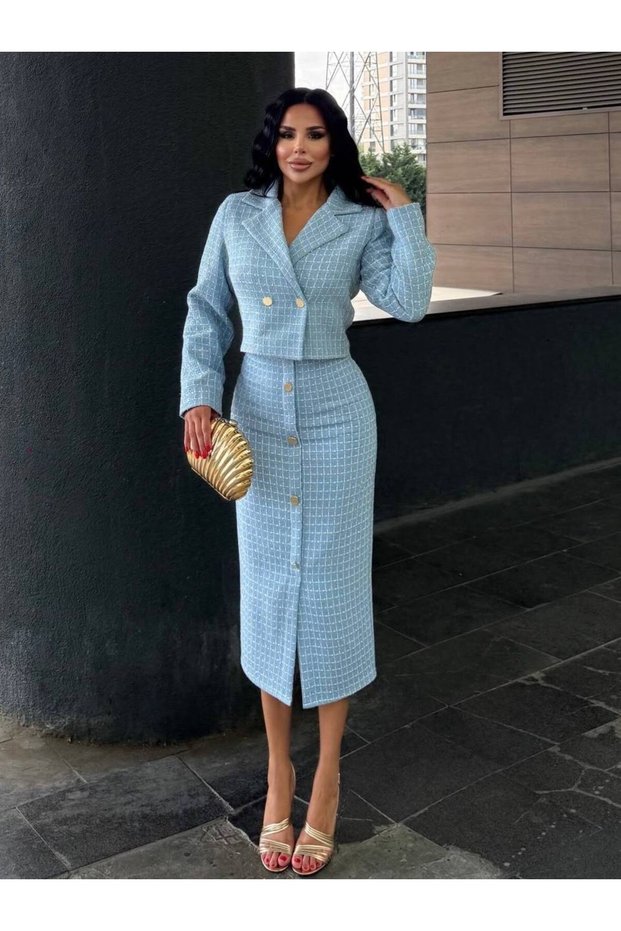 Women's Chanel Fabric Buttoned Blouse and Skirt Two-Piece Set