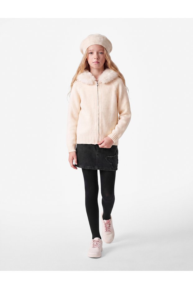 Faux Fur Collared Zippered Hooded Knitwear Cardigan