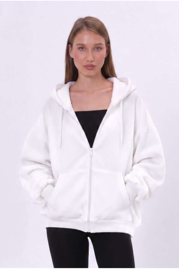 White Hooded Oversize Zippered Sweatshirt