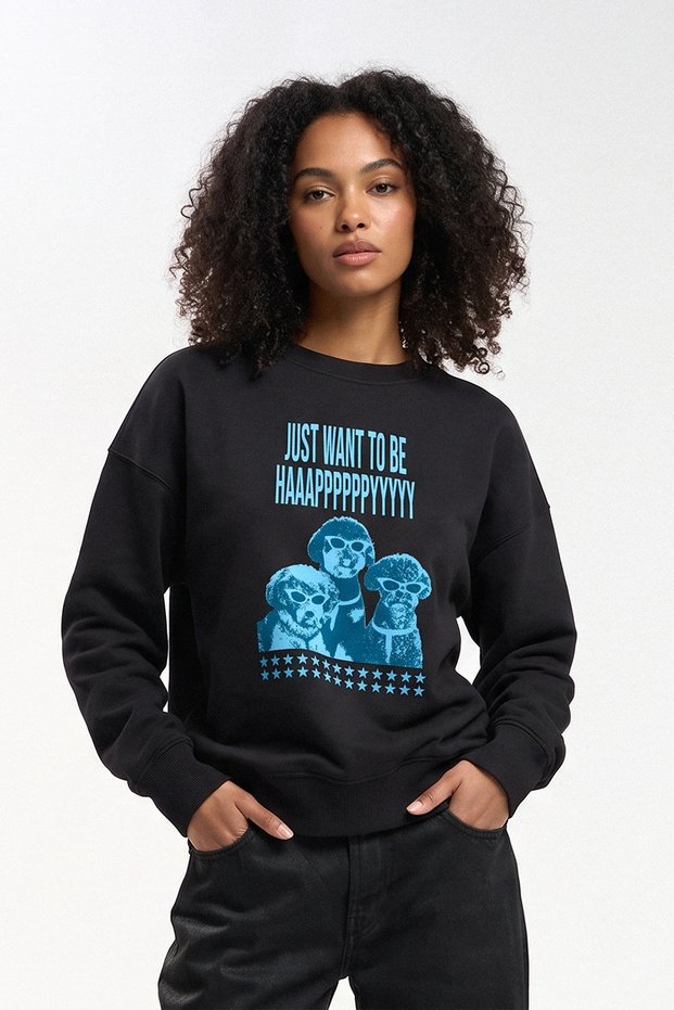 Oversize Sweatshirt Women's Black Crew Neck Happy Dogs Dog Print