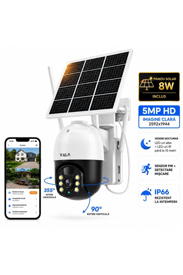 Vala Tech Cameră de supraveghere solară 5MP Vala Tech ®️ PTZ wireless ...