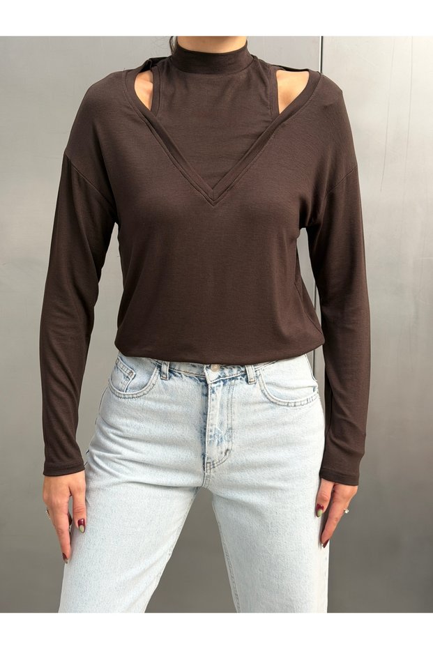 Women's Brown Off-The-Shoulder Double Collar Long Sleeve Viscose Ribbed Blouse