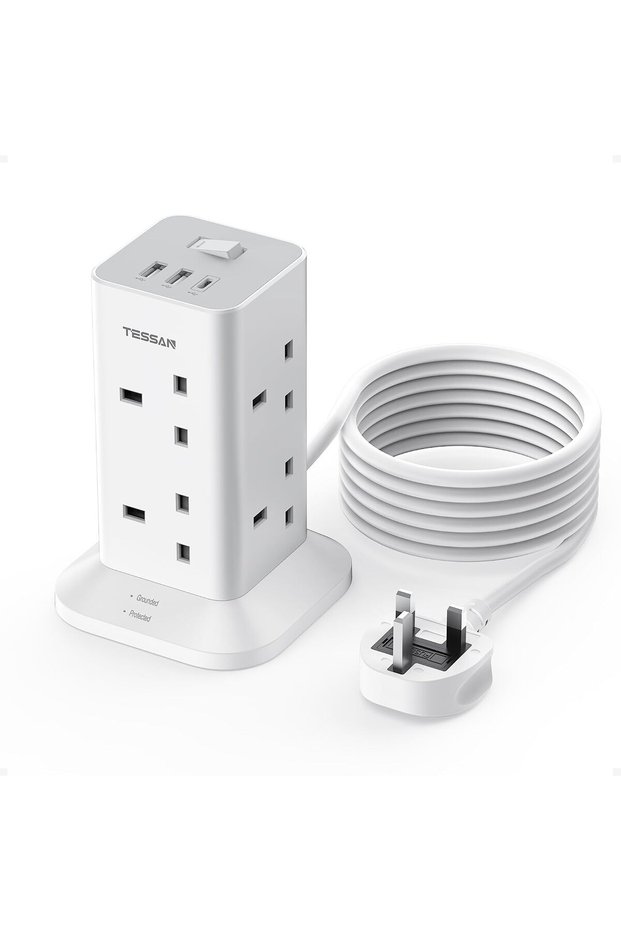 سلك تمديد بطول 3 أمتار مع 3 منافذ USB، كابل تمديد بمقبس متعدد 8 منافذ مع مفتاح، حماية من ارتفاع التيار الكهربائي
