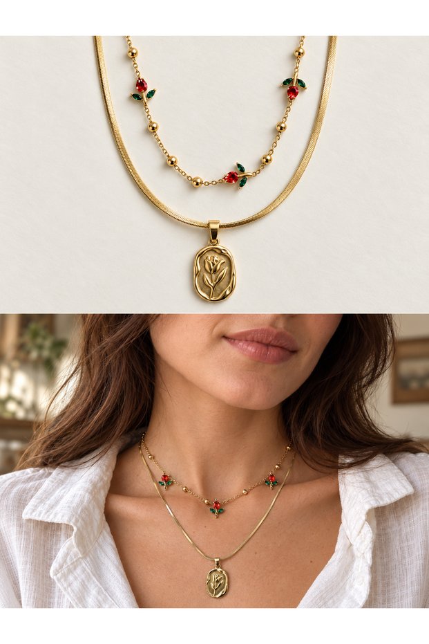Marlowe Double Vintage Floral Figured Necklace Set for Women Orange - Yellow