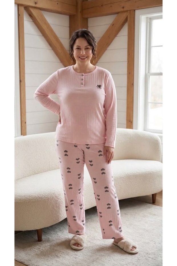 Women's Plus Size Winter Long Sleeve Embroidered Relaxed Fit Pajama Set