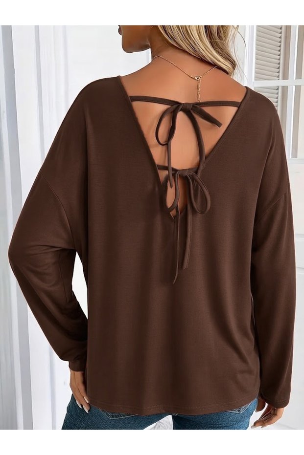 Women's long sleeve v neck batwing sleeve lace up back viscose blouse
