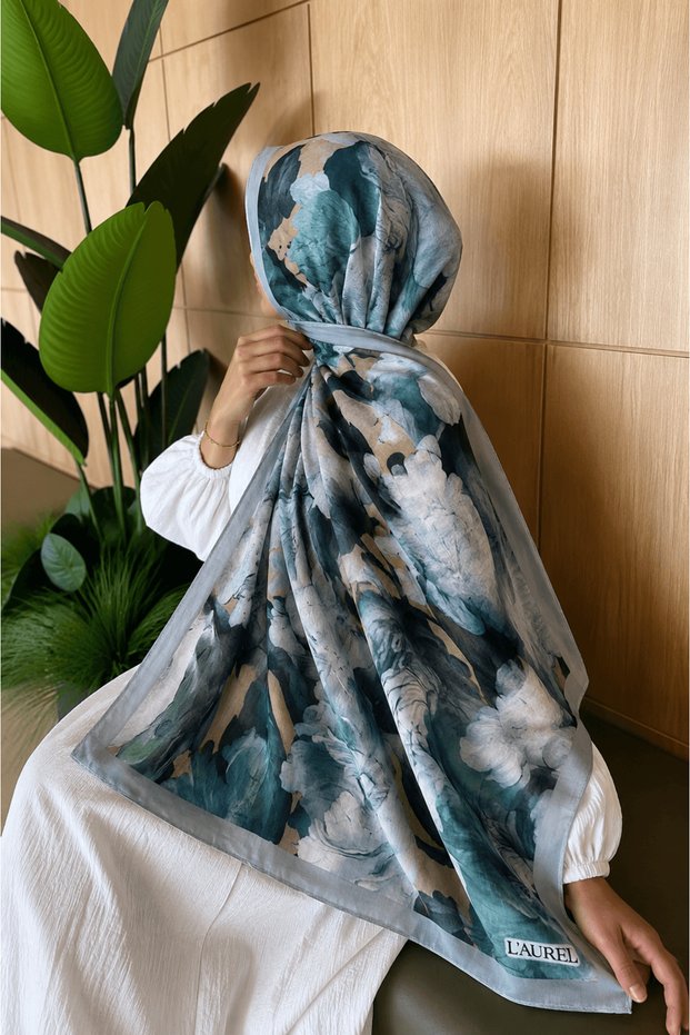 Modal Silk Vintage Floral Shawl - Ice Blue