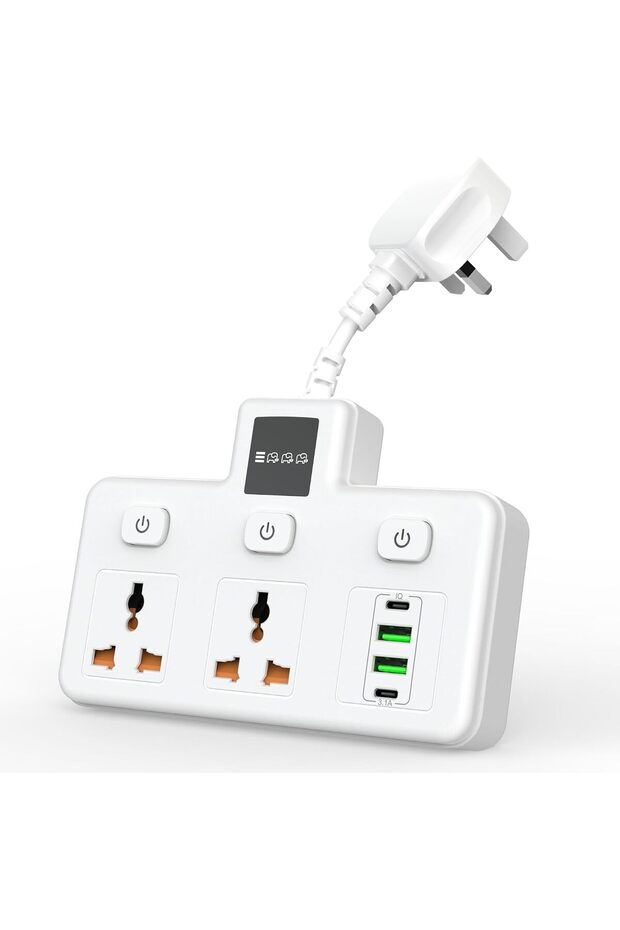وصلة تمديد كهربائية، مقبس تمديد متعدد المنافذ بمنفذين مع 4 منافذ USB للطاقة
