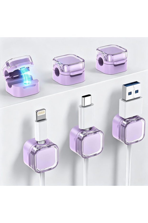 6 قطع مشابك كابلات مغناطيسية، حامل تخزين لكابلات شحن الهاتف والـ USB (أرجواني)