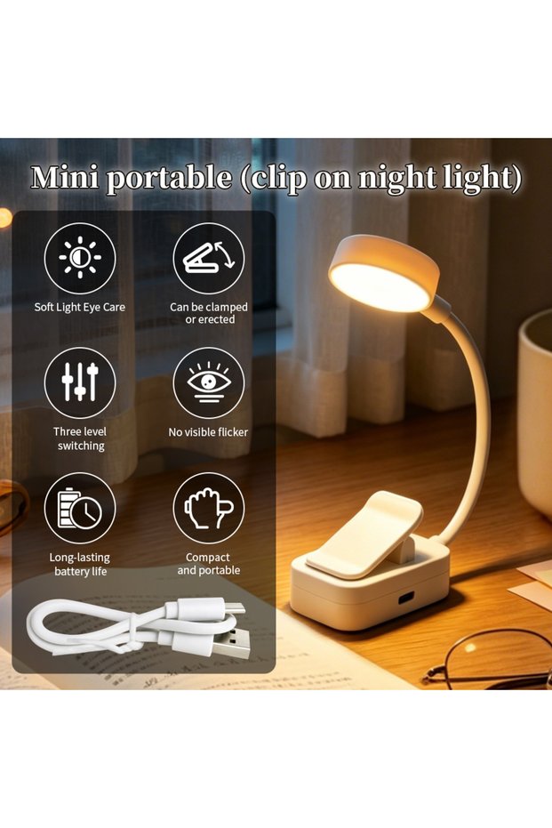 مصباح قراءة LED أبيض قابل لإعادة الشحن، قابل للتعديل على 3 مستويات من السطوع، مع مشبك للتعليق