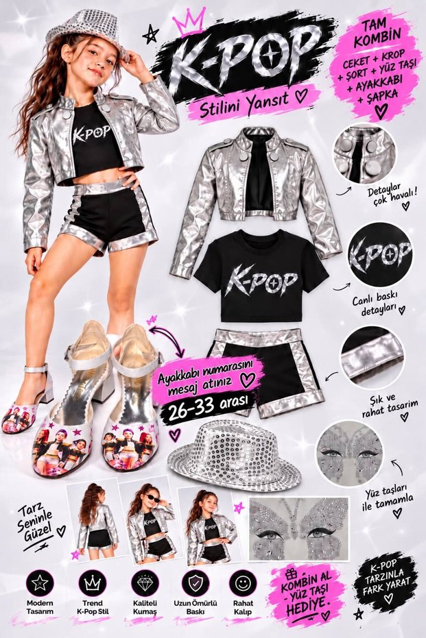 Kpop Huntrix Rumi Mira Zoey Costume - Leather Jacket - Shorts - Crop T-Shirt - Face Stone - Gray Sequin Hat - Kpop Heels Set of 6 Birthday Party Wedding Girl's Jacket
