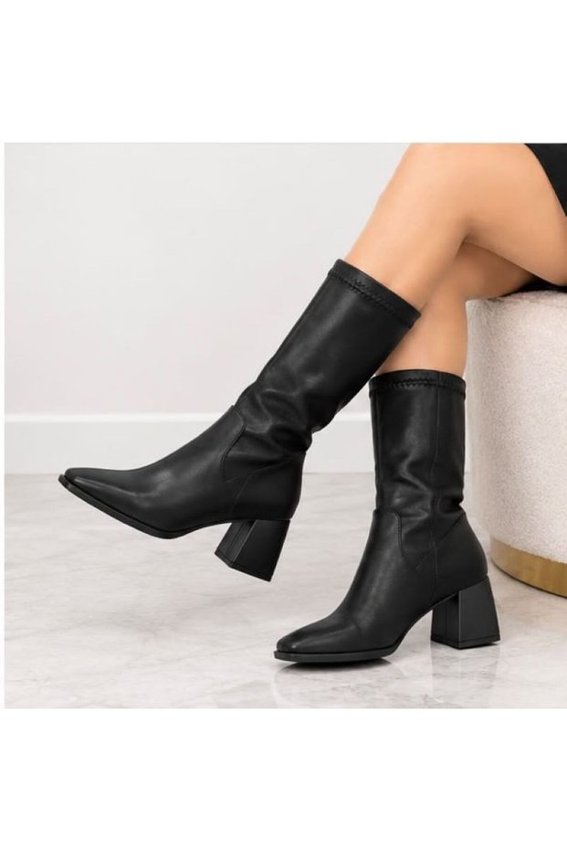 Women's Suede Thick and Low Heel Square (Chunky) Toe Knee-High Boots